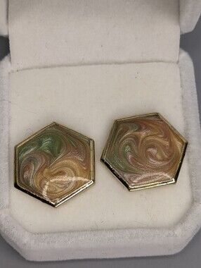 Vintage Hexagon Faux Enamel Earrings 1960s Retro Style Gold Tone Geometric